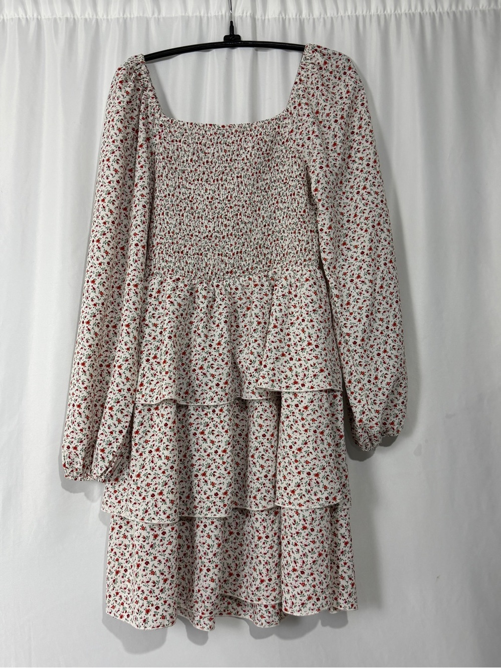 PrettyGarden White Floral Smocked Tiered Long-Sleeve Dress Sz S - Picture 5 of 9